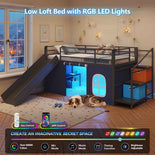 DICTAC | Kids Low Loft Bed with Slide, Storage Stairs, Art Table, Play Curtain & LED Lights
