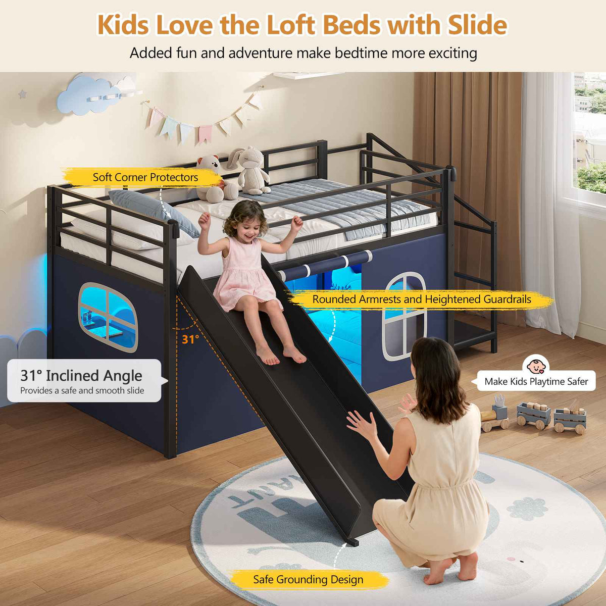 DICTAC | Kids Low Loft Bed with Slide, Storage Stairs, Art Table, Play Curtain & LED Lights