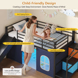 DICTAC | Kids Low Loft Bed with Slide, Storage Stairs, Art Table, Play Curtain & LED Lights