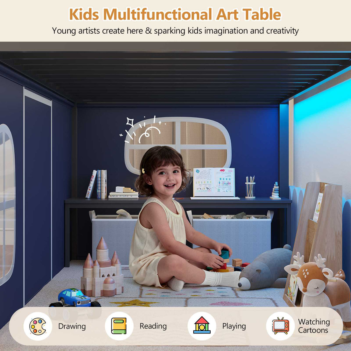 DICTAC | Kids Low Loft Bed with Slide, Storage Stairs, Art Table, Play Curtain & LED Lights
