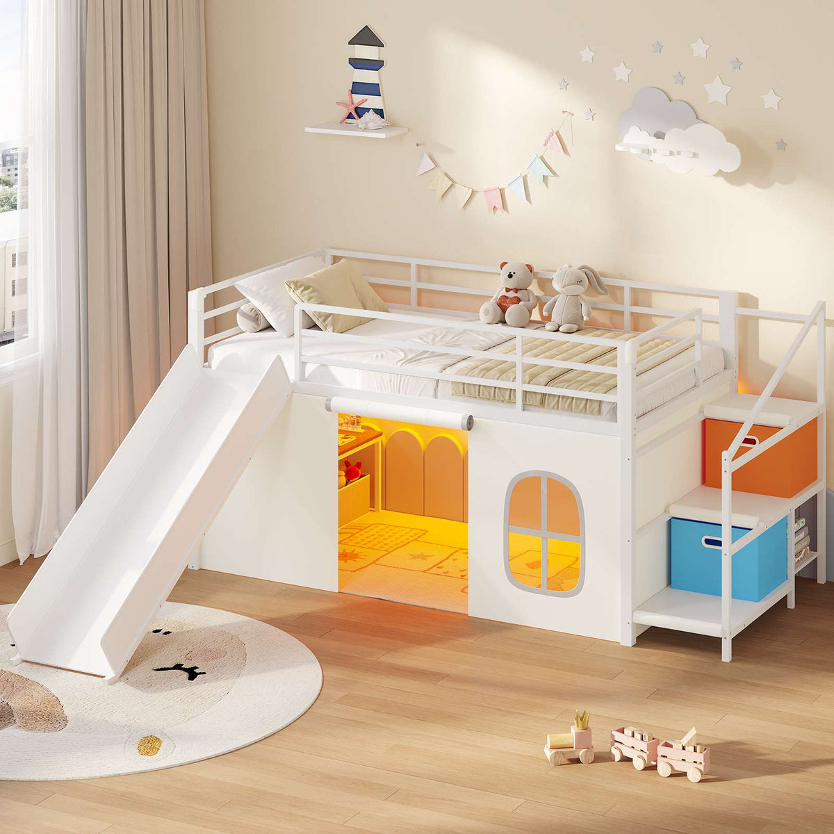 DICTAC | Kids Low Loft Bed with Slide, Storage Stairs, Art Table, Play Curtain & LED Lights