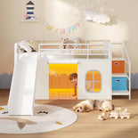 DICTAC | Kids Low Loft Bed with Slide, Storage Stairs, Art Table, Play Curtain & LED Lights