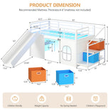 DICTAC | Kids Low Loft Bed with Slide, Storage Stairs, Art Table, Play Curtain & LED Lights