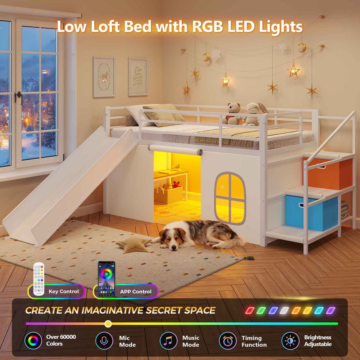 DICTAC | Kids Low Loft Bed with Slide, Storage Stairs, Art Table, Play Curtain & LED Lights