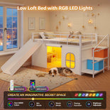 DICTAC | Kids Low Loft Bed with Slide, Storage Stairs, Art Table, Play Curtain & LED Lights