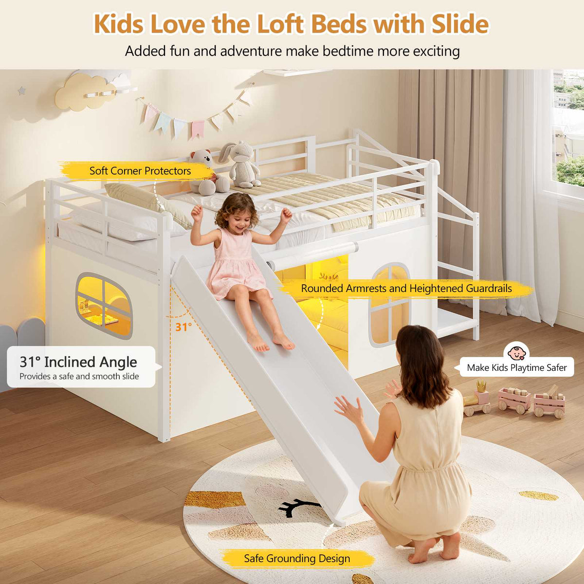 DICTAC | Kids Low Loft Bed with Slide, Storage Stairs, Art Table, Play Curtain & LED Lights
