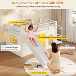 DICTAC | Kids Low Loft Bed with Slide, Storage Stairs, Art Table, Play Curtain & LED Lights