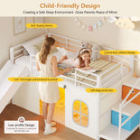 DICTAC | Kids Low Loft Bed with Slide, Storage Stairs, Art Table, Play Curtain & LED Lights