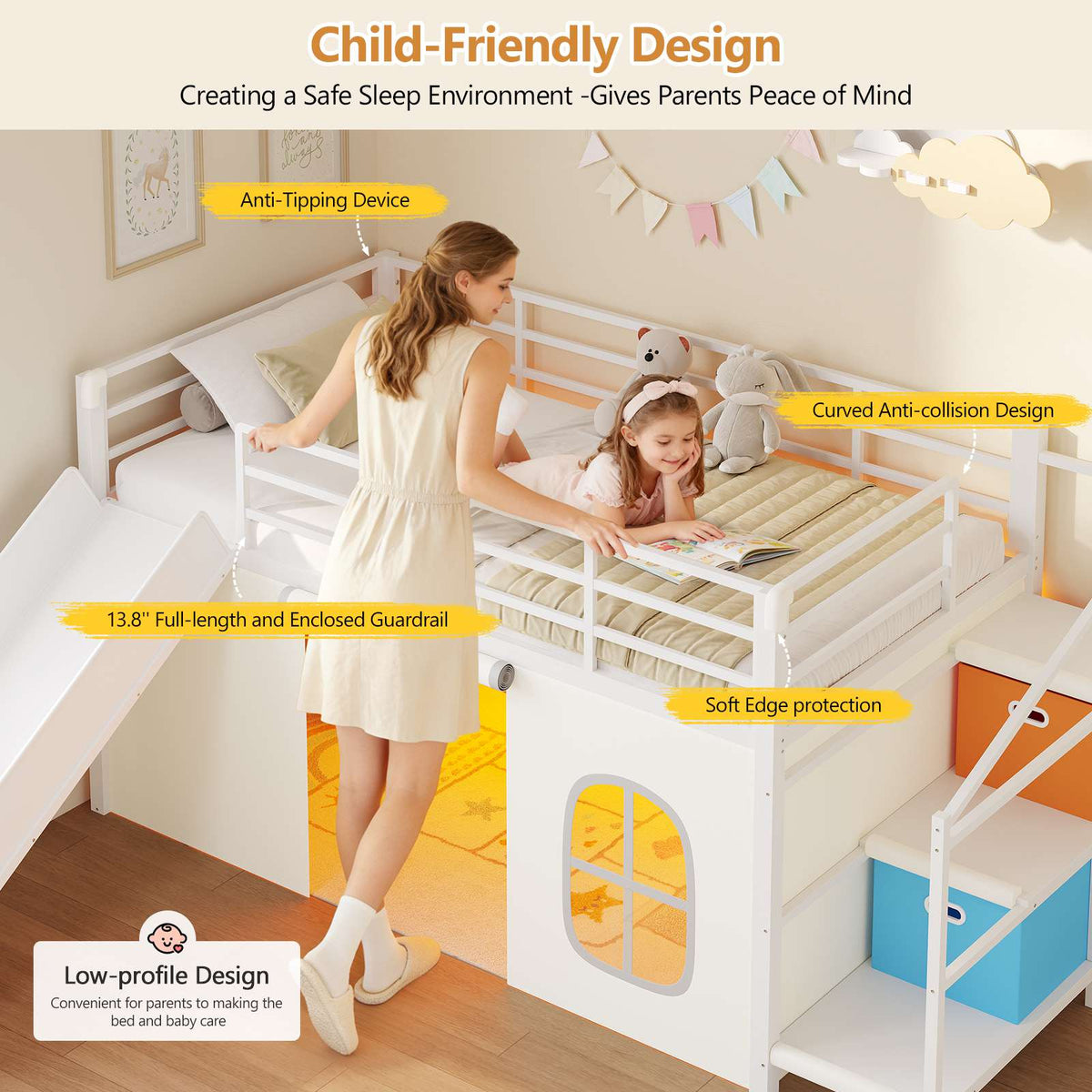 DICTAC | Kids Low Loft Bed with Slide, Storage Stairs, Art Table, Play Curtain & LED Lights