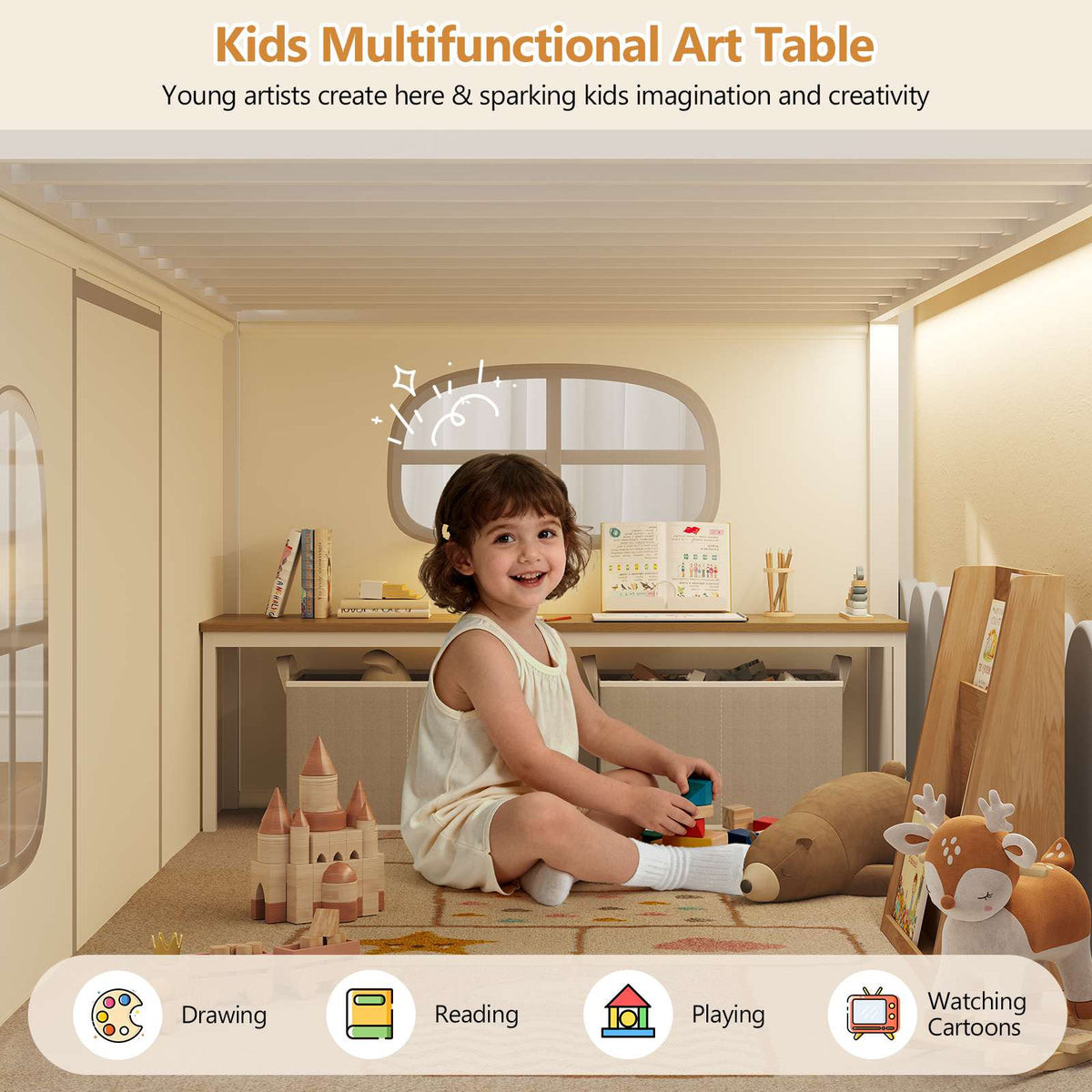 DICTAC | Kids Low Loft Bed with Slide, Storage Stairs, Art Table, Play Curtain & LED Lights