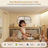 DICTAC | Kids Low Loft Bed with Slide, Storage Stairs, Art Table, Play Curtain & LED Lights