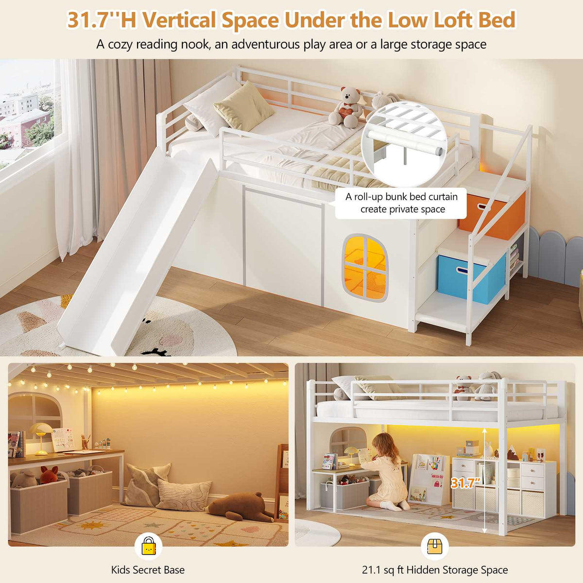 DICTAC | Kids Low Loft Bed with Slide, Storage Stairs, Art Table, Play Curtain & LED Lights