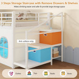 DICTAC | Kids Low Loft Bed with Slide, Storage Stairs, Art Table, Play Curtain & LED Lights