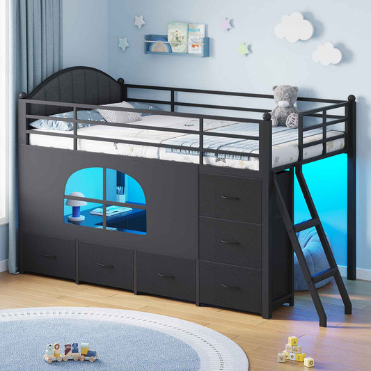 DICTAC | Twin Low Loft Bed with 6 Storage Drawers, Bookshelves, LED Lights & Upholstered Headboard - Black