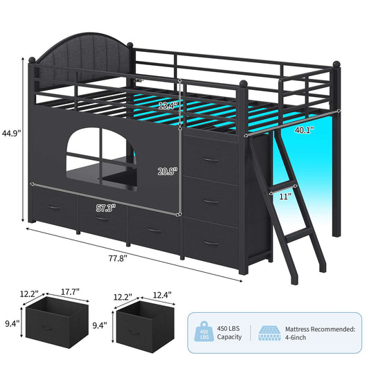 DICTAC | Twin Low Loft Bed with 6 Storage Drawers, Bookshelves, LED Lights & Upholstered Headboard - Black
