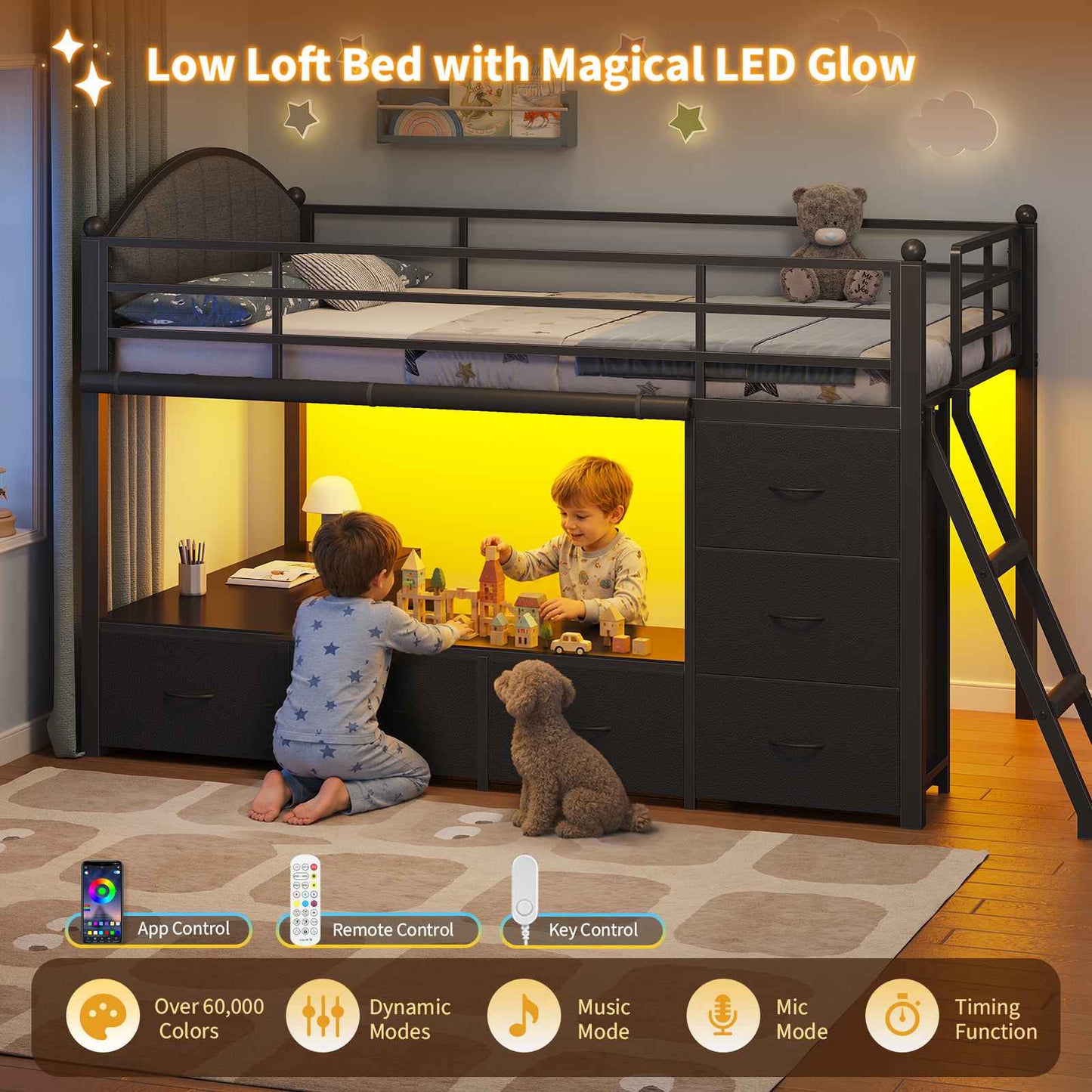 DICTAC | Twin Low Loft Bed with 6 Storage Drawers, Bookshelves, LED Lights & Upholstered Headboard – Metal Kids Loft Bed with Play Space, Black