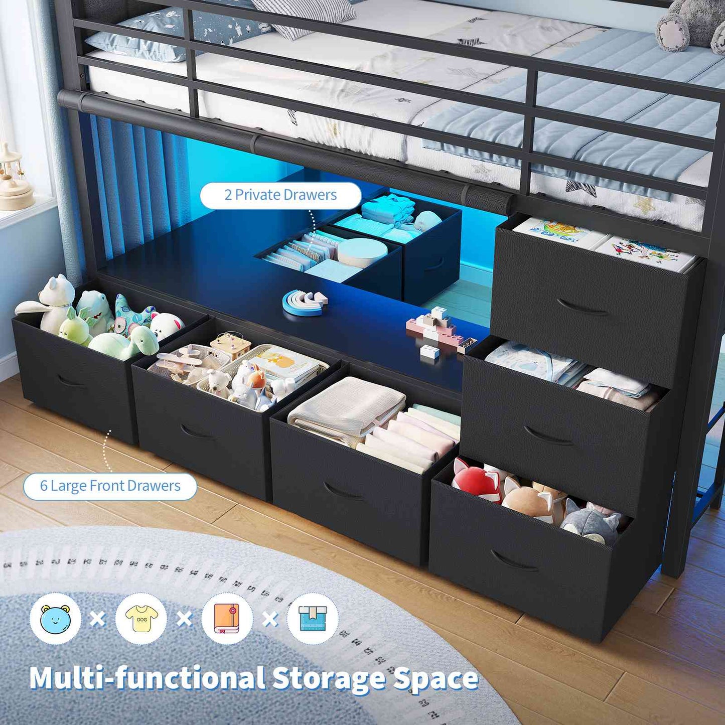 DICTAC | Twin Low Loft Bed with 6 Storage Drawers, Bookshelves, LED Lights & Upholstered Headboard – Metal Kids Loft Bed with Play Space, Black