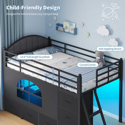 DICTAC | Twin Low Loft Bed with 6 Storage Drawers, Bookshelves, LED Lights & Upholstered Headboard – Metal Kids Loft Bed with Play Space, Black