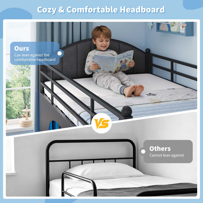 DICTAC | Twin Low Loft Bed with 6 Storage Drawers, Bookshelves, LED Lights & Upholstered Headboard – Metal Kids Loft Bed with Play Space, Black