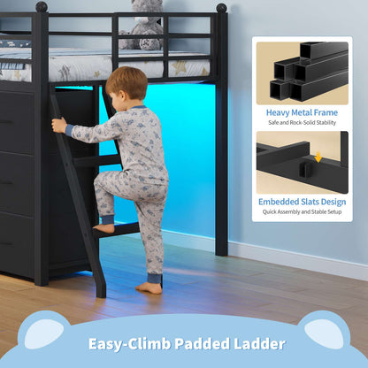 DICTAC | Twin Low Loft Bed with 6 Storage Drawers, Bookshelves, LED Lights & Upholstered Headboard – Metal Kids Loft Bed with Play Space, Black