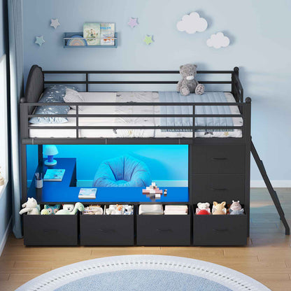 DICTAC | Twin Low Loft Bed with 6 Storage Drawers, Bookshelves, LED Lights & Upholstered Headboard – Metal Kids Loft Bed with Play Space, Black