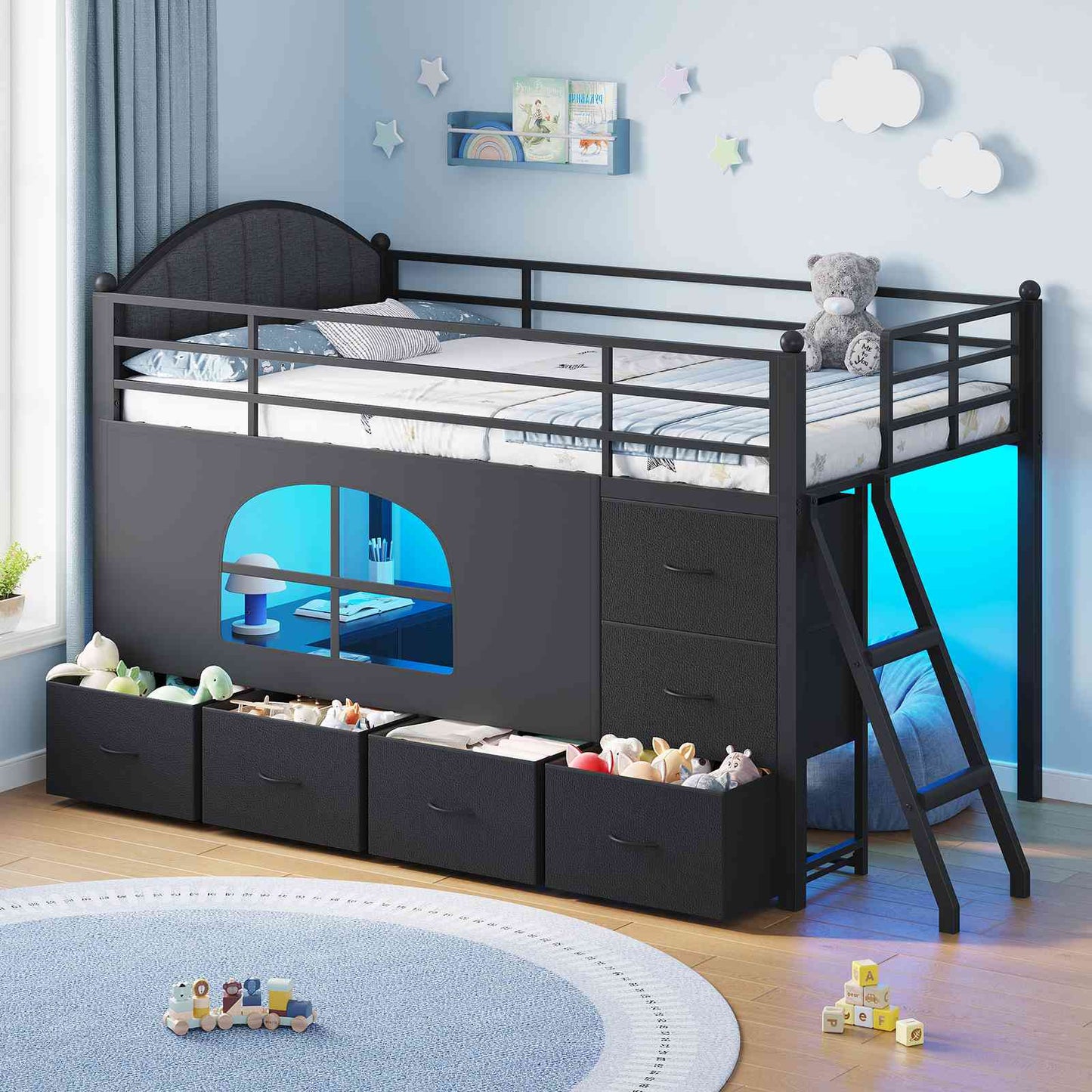 DICTAC | Twin Low Loft Bed with 6 Storage Drawers, Bookshelves, LED Lights & Upholstered Headboard – Metal Kids Loft Bed with Play Space, Black