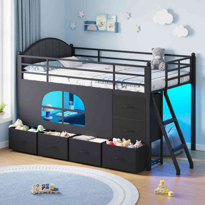DICTAC | Twin Low Loft Bed with 6 Storage Drawers, Bookshelves, LED Lights & Upholstered Headboard – Metal Kids Loft Bed with Play Space, Black