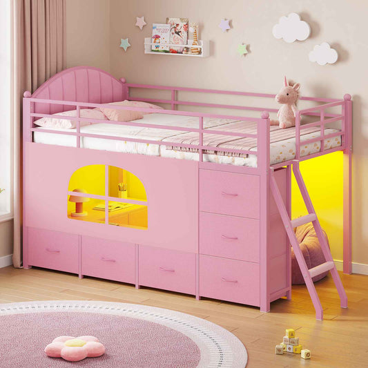 DICTAC | Twin Low Loft Bed with 6 Storage Drawers, Bookshelves, LED Lights & Upholstered Headboard - Pink