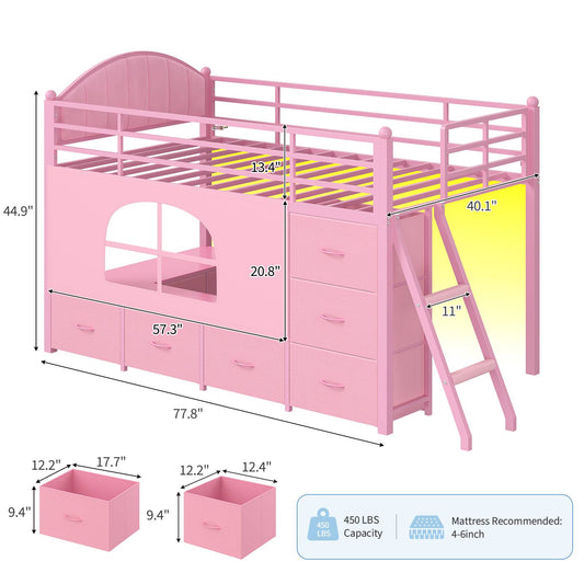 DICTAC | Twin Low Loft Bed with 6 Storage Drawers, Bookshelves, LED Lights & Upholstered Headboard - Pink