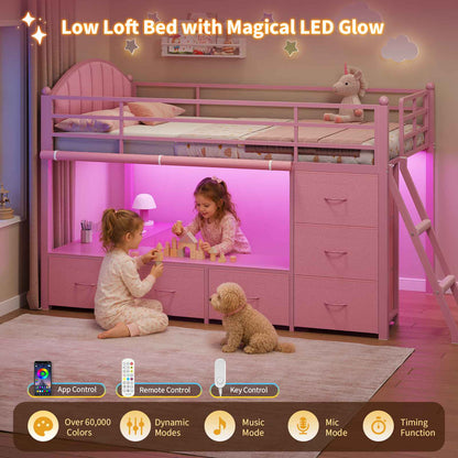 DICTAC | Twin Low Loft Bed with 6 Storage Drawers, Bookshelves, LED Lights & Upholstered Headboard – Metal Kids Loft Bed with Play Space, Pink