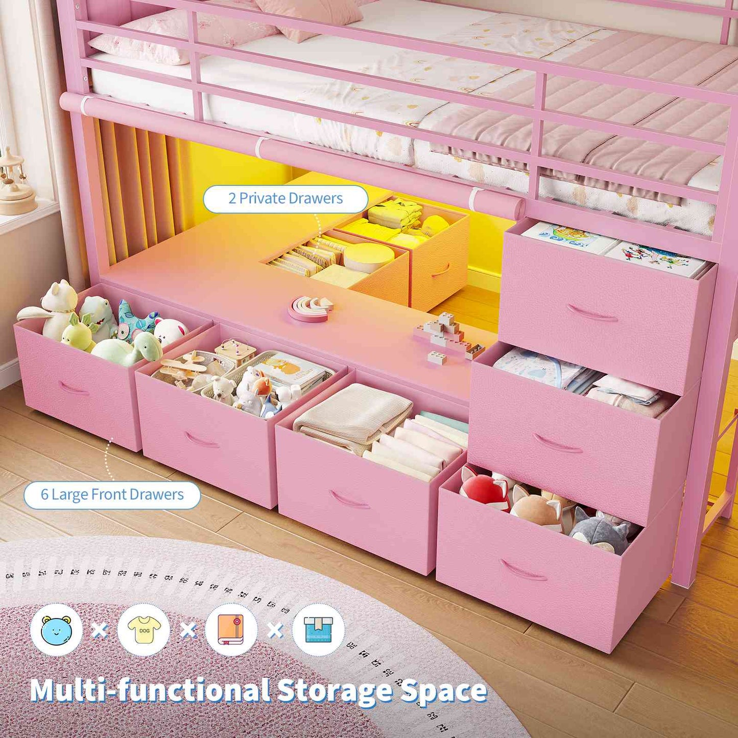 DICTAC | Twin Low Loft Bed with 6 Storage Drawers, Bookshelves, LED Lights & Upholstered Headboard – Metal Kids Loft Bed with Play Space, Pink