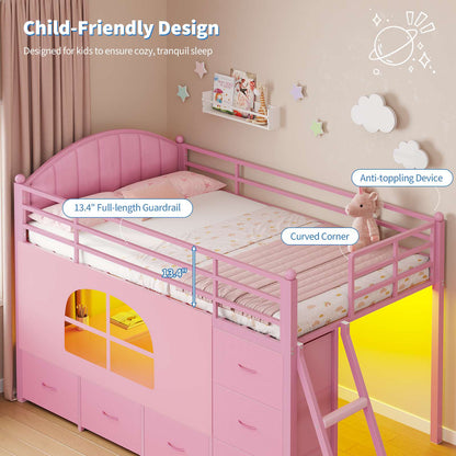 DICTAC | Twin Low Loft Bed with 6 Storage Drawers, Bookshelves, LED Lights & Upholstered Headboard – Metal Kids Loft Bed with Play Space, Pink