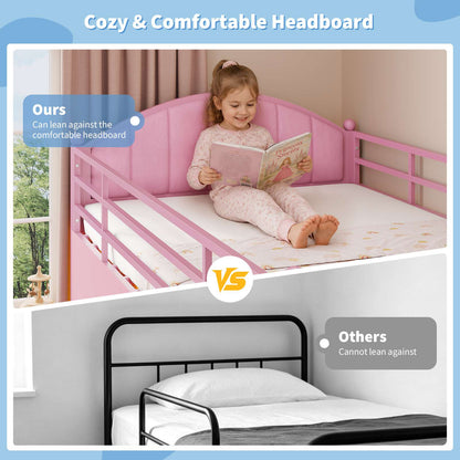DICTAC | Twin Low Loft Bed with 6 Storage Drawers, Bookshelves, LED Lights & Upholstered Headboard – Metal Kids Loft Bed with Play Space, Pink