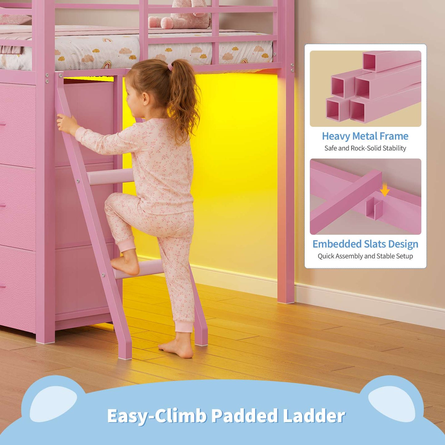DICTAC | Twin Low Loft Bed with 6 Storage Drawers, Bookshelves, LED Lights & Upholstered Headboard – Metal Kids Loft Bed with Play Space, Pink