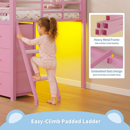 DICTAC | Twin Low Loft Bed with 6 Storage Drawers, Bookshelves, LED Lights & Upholstered Headboard – Metal Kids Loft Bed with Play Space, Pink