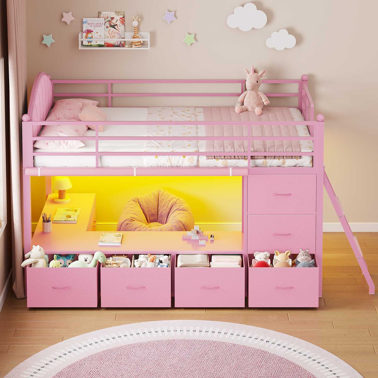 DICTAC | Twin Low Loft Bed with 6 Storage Drawers, Bookshelves, LED Lights & Upholstered Headboard – Metal Kids Loft Bed with Play Space, Pink
