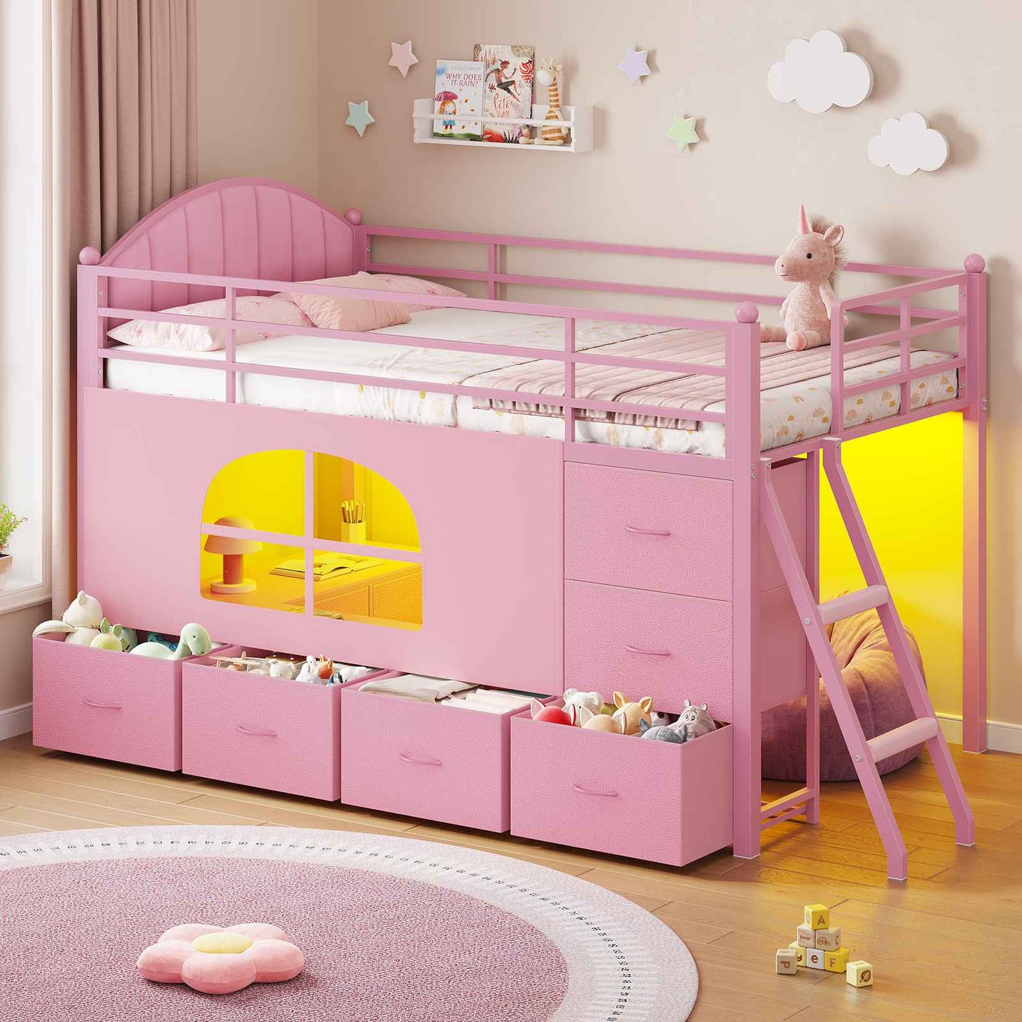 DICTAC | Twin Low Loft Bed with 6 Storage Drawers, Bookshelves, LED Lights & Upholstered Headboard – Metal Kids Loft Bed with Play Space, Pink