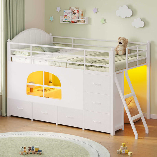 DICTAC | Twin Low Loft Bed with 6 Storage Drawers, Bookshelves, LED Lights & Upholstered Headboard - White