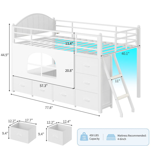 DICTAC | Twin Low Loft Bed with 6 Storage Drawers, Bookshelves, LED Lights & Upholstered Headboard - White