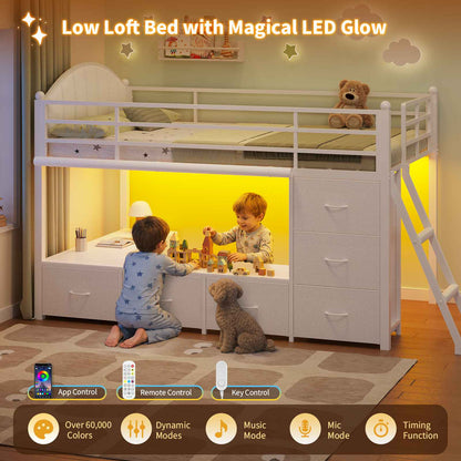 DICTAC | Twin Low Loft Bed with 6 Storage Drawers, Bookshelves, LED Lights & Upholstered Headboard – Metal Kids Loft Bed with Play Space, White