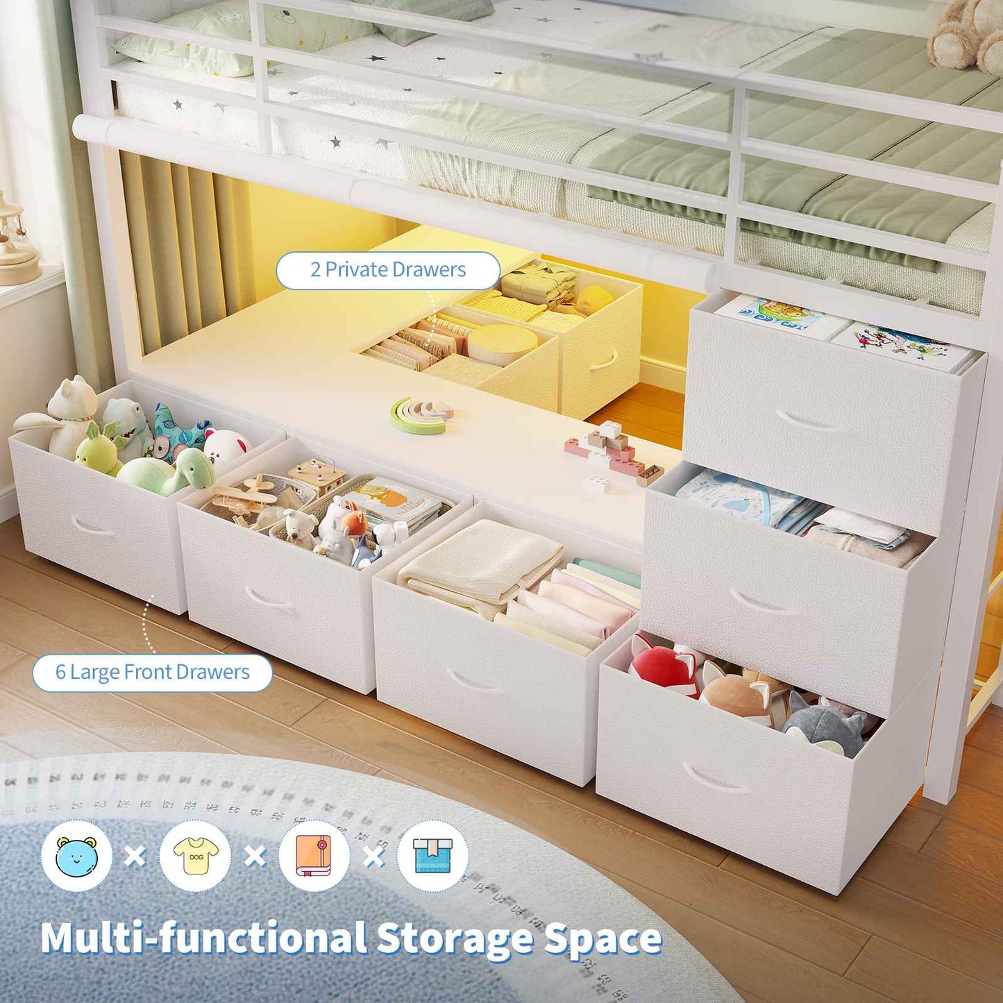 DICTAC | Twin Low Loft Bed with 6 Storage Drawers, Bookshelves, LED Lights & Upholstered Headboard – Metal Kids Loft Bed with Play Space, White