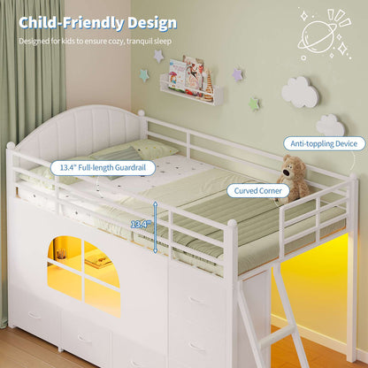 DICTAC | Twin Low Loft Bed with 6 Storage Drawers, Bookshelves, LED Lights & Upholstered Headboard – Metal Kids Loft Bed with Play Space, White