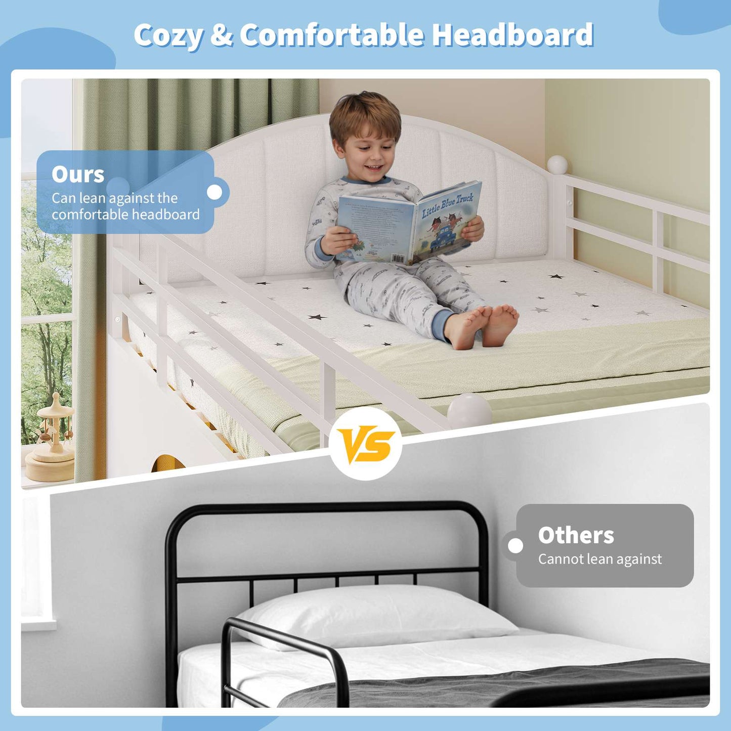 DICTAC | Twin Low Loft Bed with 6 Storage Drawers, Bookshelves, LED Lights & Upholstered Headboard – Metal Kids Loft Bed with Play Space, White