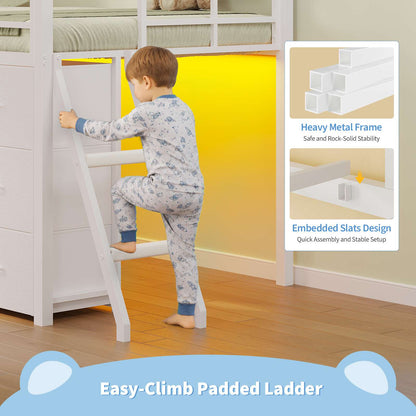 DICTAC | Twin Low Loft Bed with 6 Storage Drawers, Bookshelves, LED Lights & Upholstered Headboard – Metal Kids Loft Bed with Play Space, White