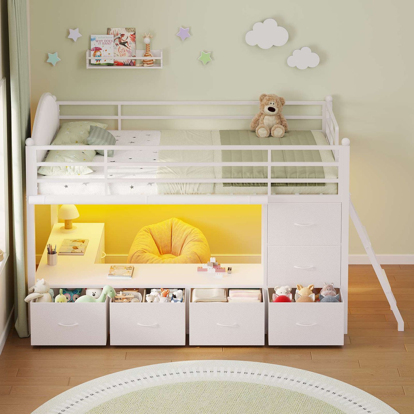 DICTAC | Twin Low Loft Bed with 6 Storage Drawers, Bookshelves, LED Lights & Upholstered Headboard – Metal Kids Loft Bed with Play Space, White