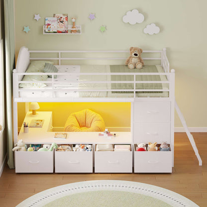 DICTAC | Twin Low Loft Bed with 6 Storage Drawers, Bookshelves, LED Lights & Upholstered Headboard – Metal Kids Loft Bed with Play Space, White