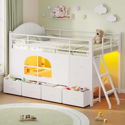 DICTAC | Twin Low Loft Bed with 6 Storage Drawers, Bookshelves, LED Lights & Upholstered Headboard – Metal Kids Loft Bed with Play Space, White