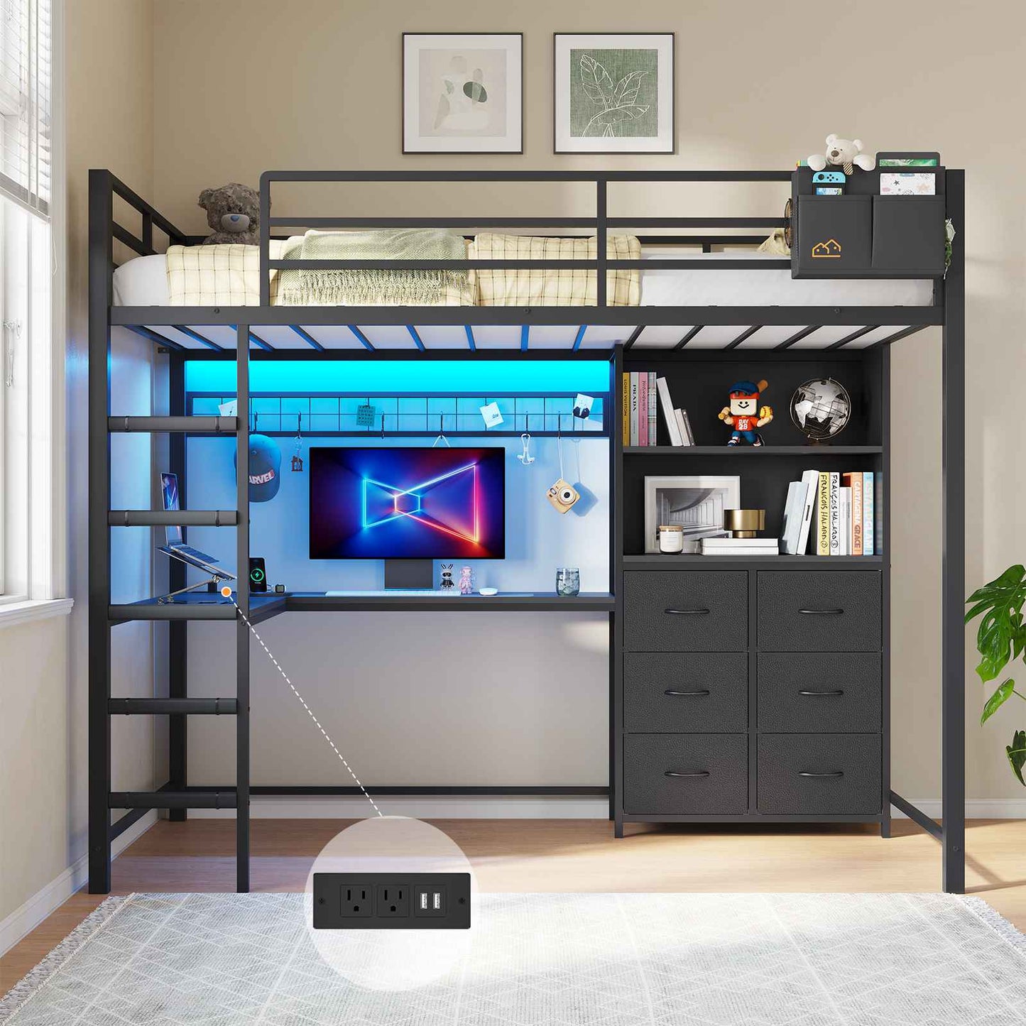 DICTAC | Twin Loft Bed with L-Shaped Desk & Smart RGB LED Lights, Heavy Duty Metal Loft Bed Frame with Charging Station, 6 Fabric Drawers & Open Storage Shelves, Safety Guardrail, Black