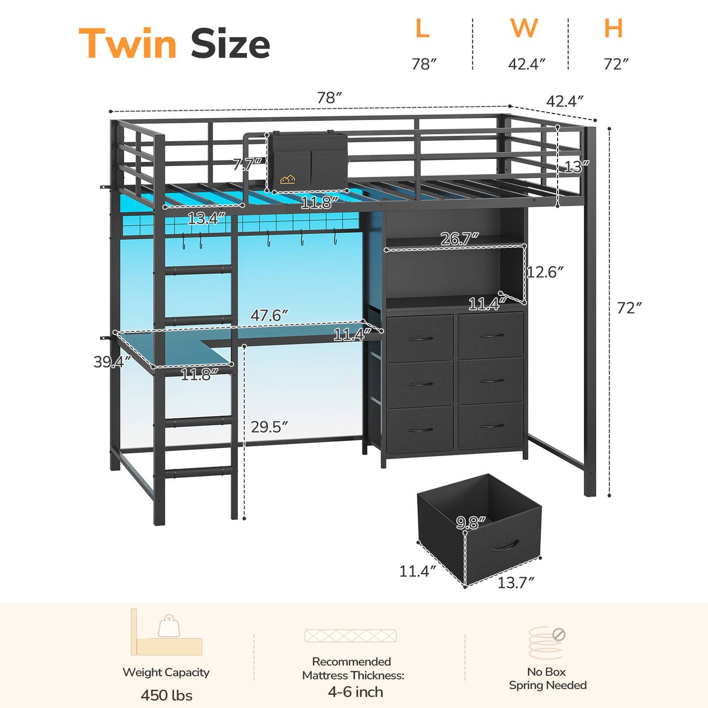 DICTAC | Twin Loft Bed with L-Shaped Desk & Smart RGB LED Lights, Heavy Duty Metal Loft Bed Frame with Charging Station, 6 Fabric Drawers & Open Storage Shelves, Safety Guardrail, Black