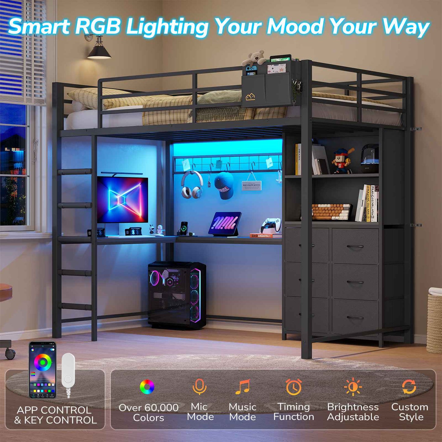 DICTAC | Twin Loft Bed with L-Shaped Desk & Smart RGB LED Lights, Heavy Duty Metal Loft Bed Frame with Charging Station, 6 Fabric Drawers & Open Storage Shelves, Safety Guardrail, Black